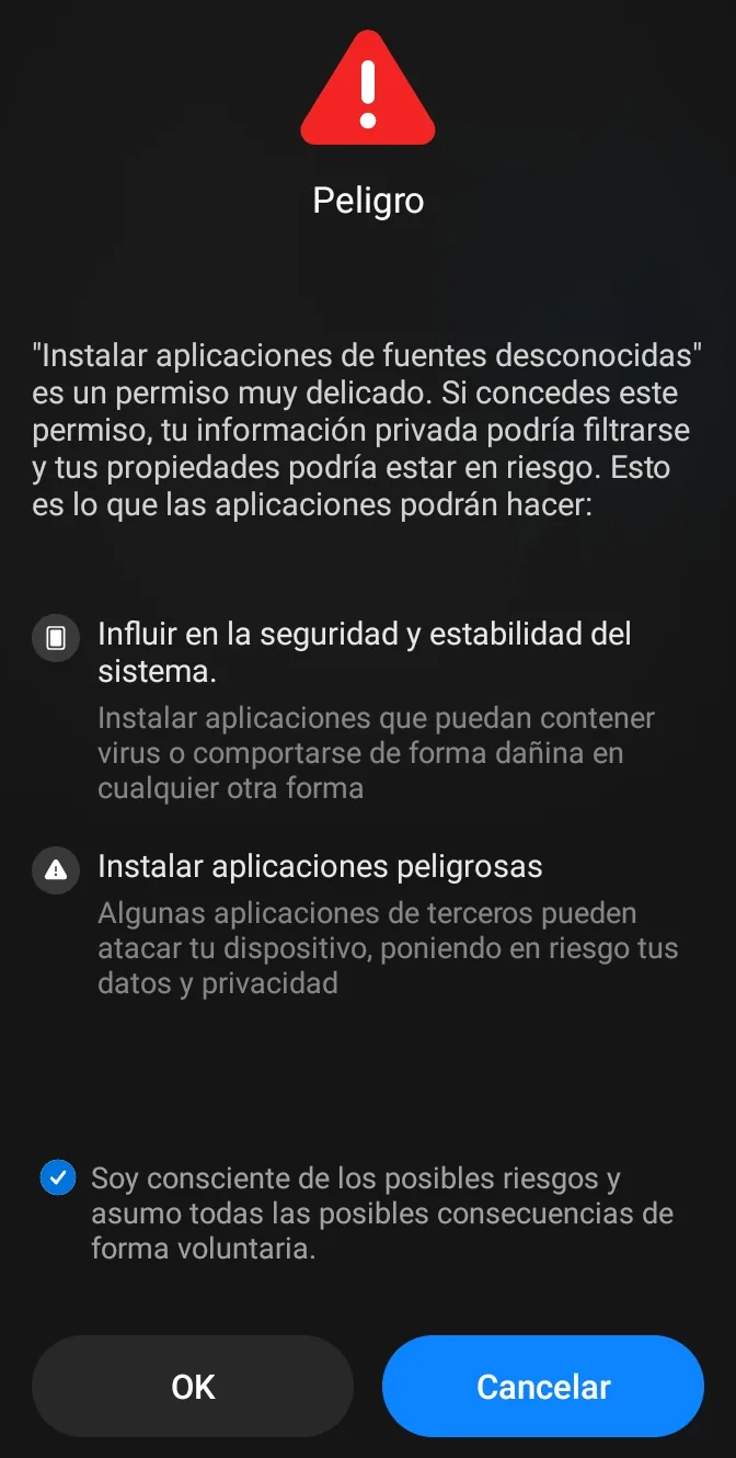 En Xiaomi el aviso sale en rojo; es el aviso normal de Android. Marca la casilla y toca «OK» — el botón azul dice «Cancelar».