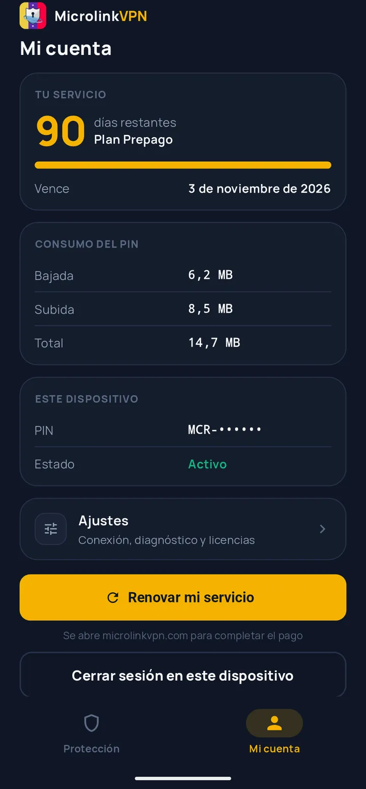 Pantalla «Mi cuenta»: días restantes del plan, consumo del PIN y PIN enmascarado