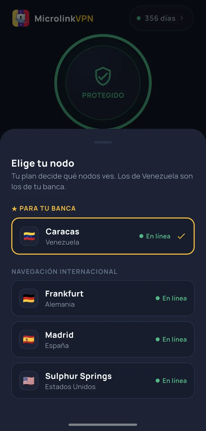 Selector de nodo de la app: Caracas destacado «para tu banca» y Frankfurt, Madrid y Sulphur Springs debajo, los cuatro en línea
