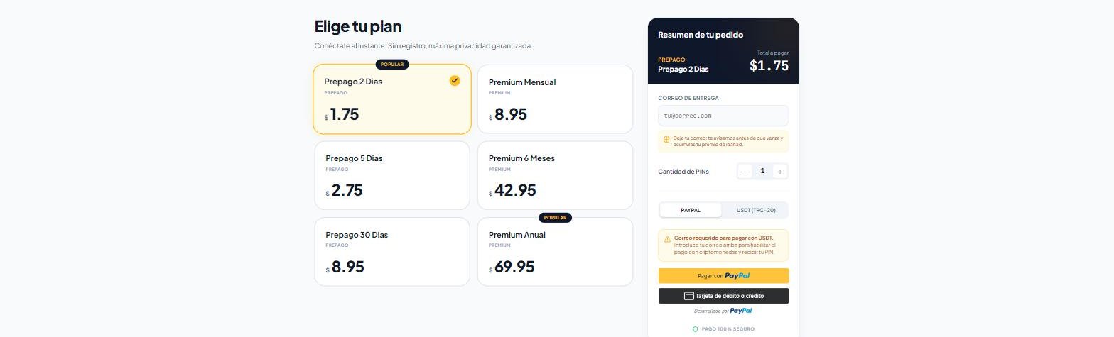 Página de compra de MicrolinkVPN con los planes y el resumen del pedido