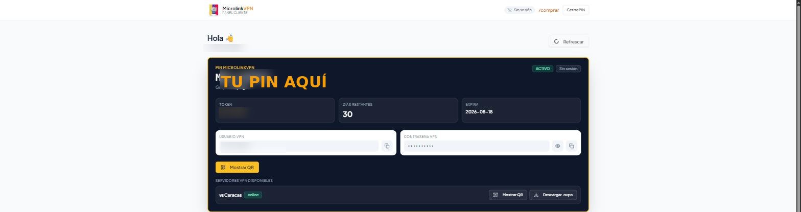 Panel del cliente MicrolinkVPN con los botones Mostrar QR y Descargar .ovpn
